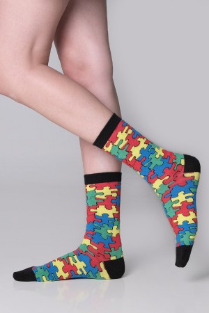 Puzzle Desenli Kadın Çorap